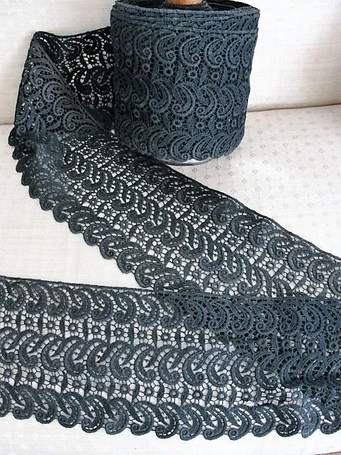 ANTIQUE French Black Lace Trim Yardage 6.5 inches Wide Beautiful Original Lace Never Used Great For Victorian Costumes Civil War Dress Heirloom Sewing Collectible Lace