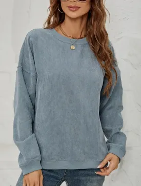 Blouse - Blue Corduroy Sweater Casual Round Neck Pullover Long Sleeved Top