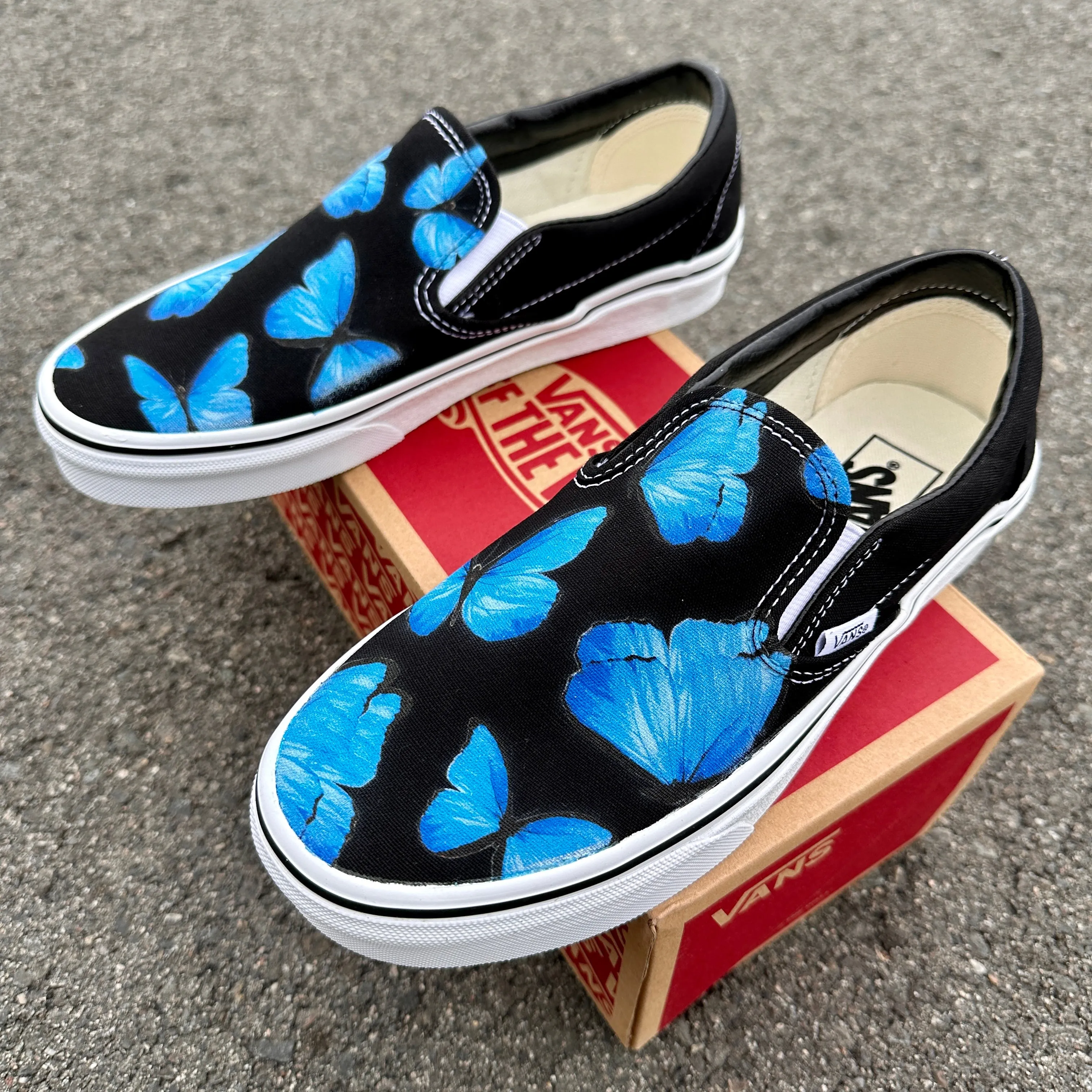 Blue Butterfly - Black Slip Ons - Custom Vans Shoes