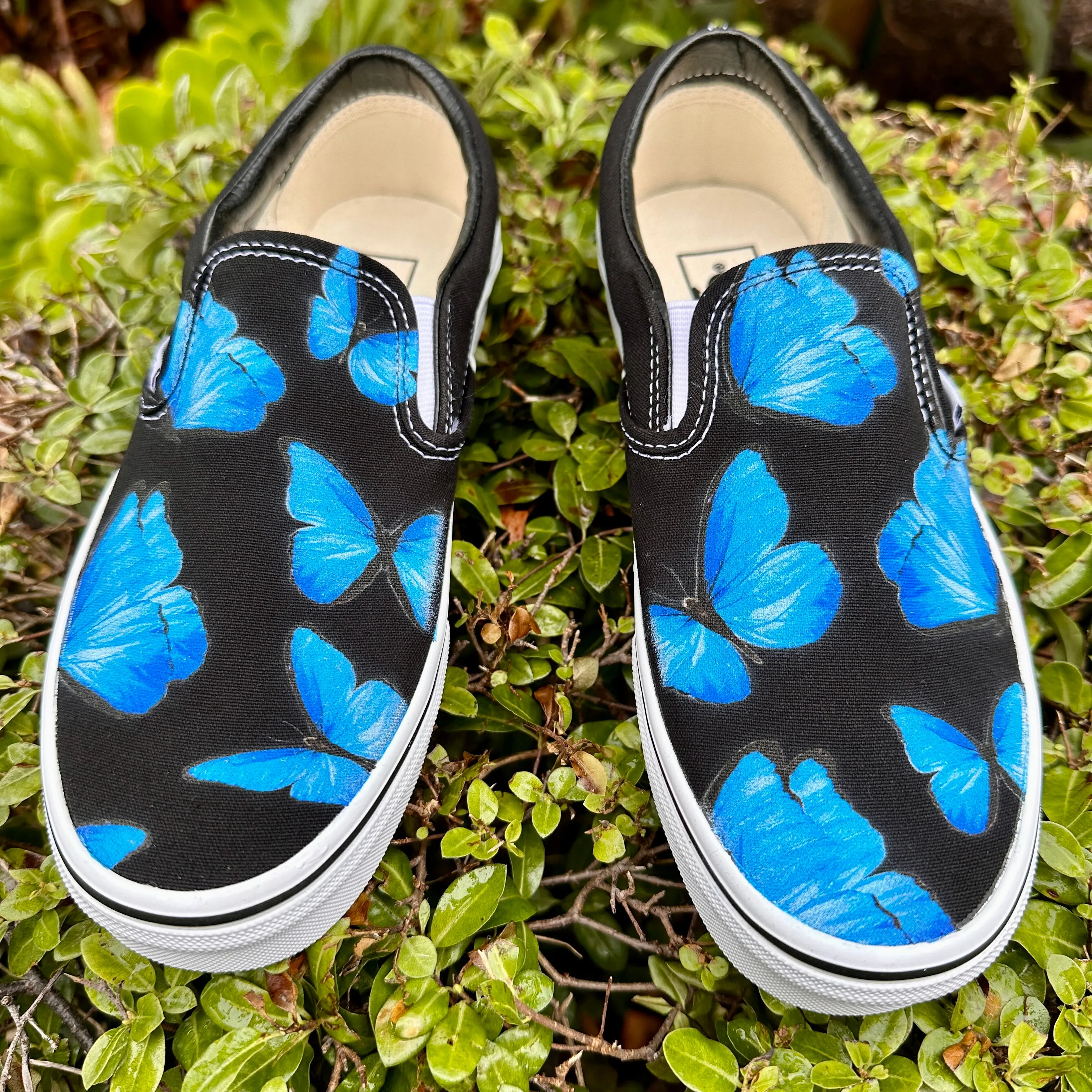 Blue Butterfly - Black Slip Ons - Custom Vans Shoes