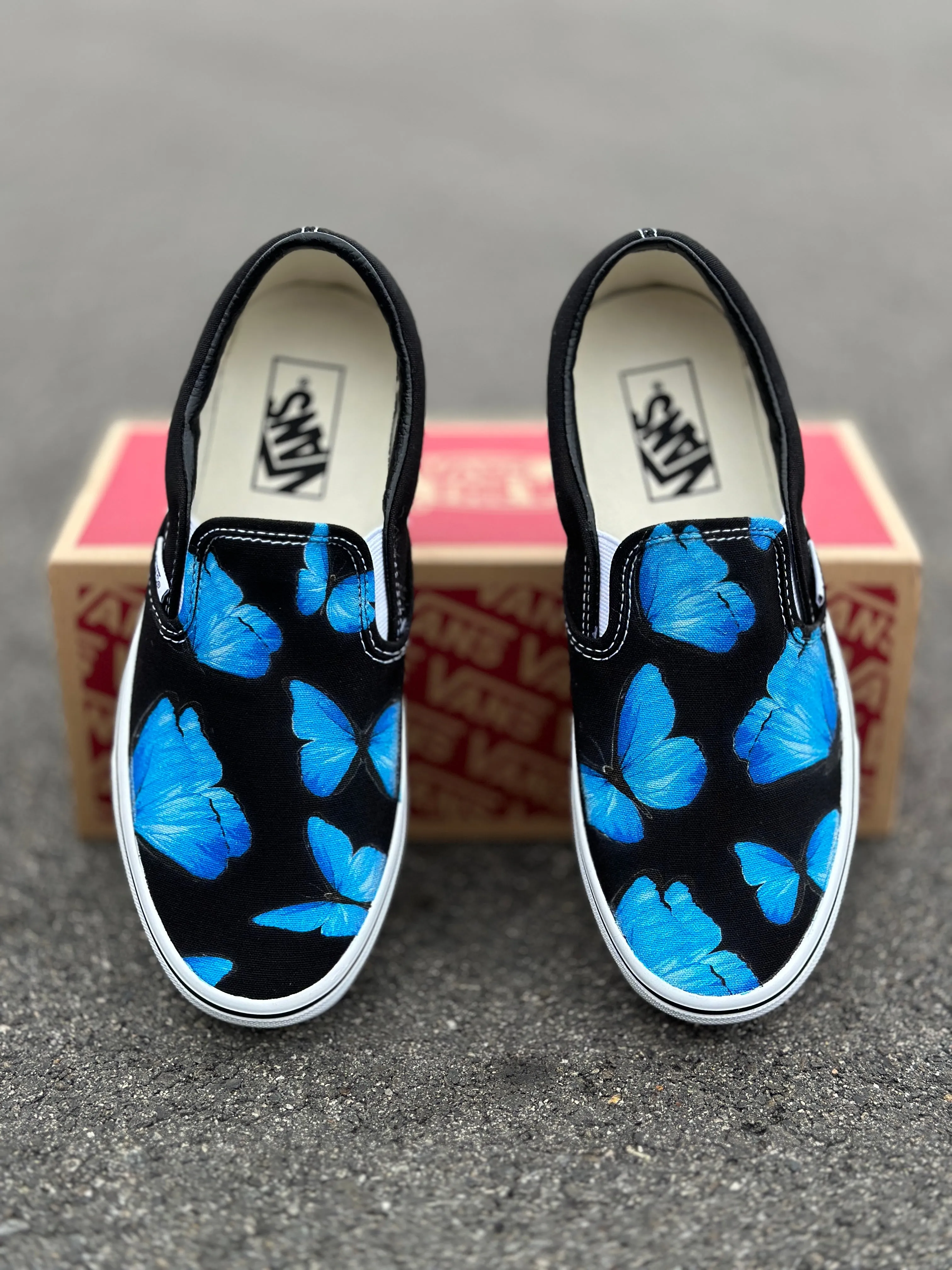 Blue Butterfly - Black Slip Ons - Custom Vans Shoes