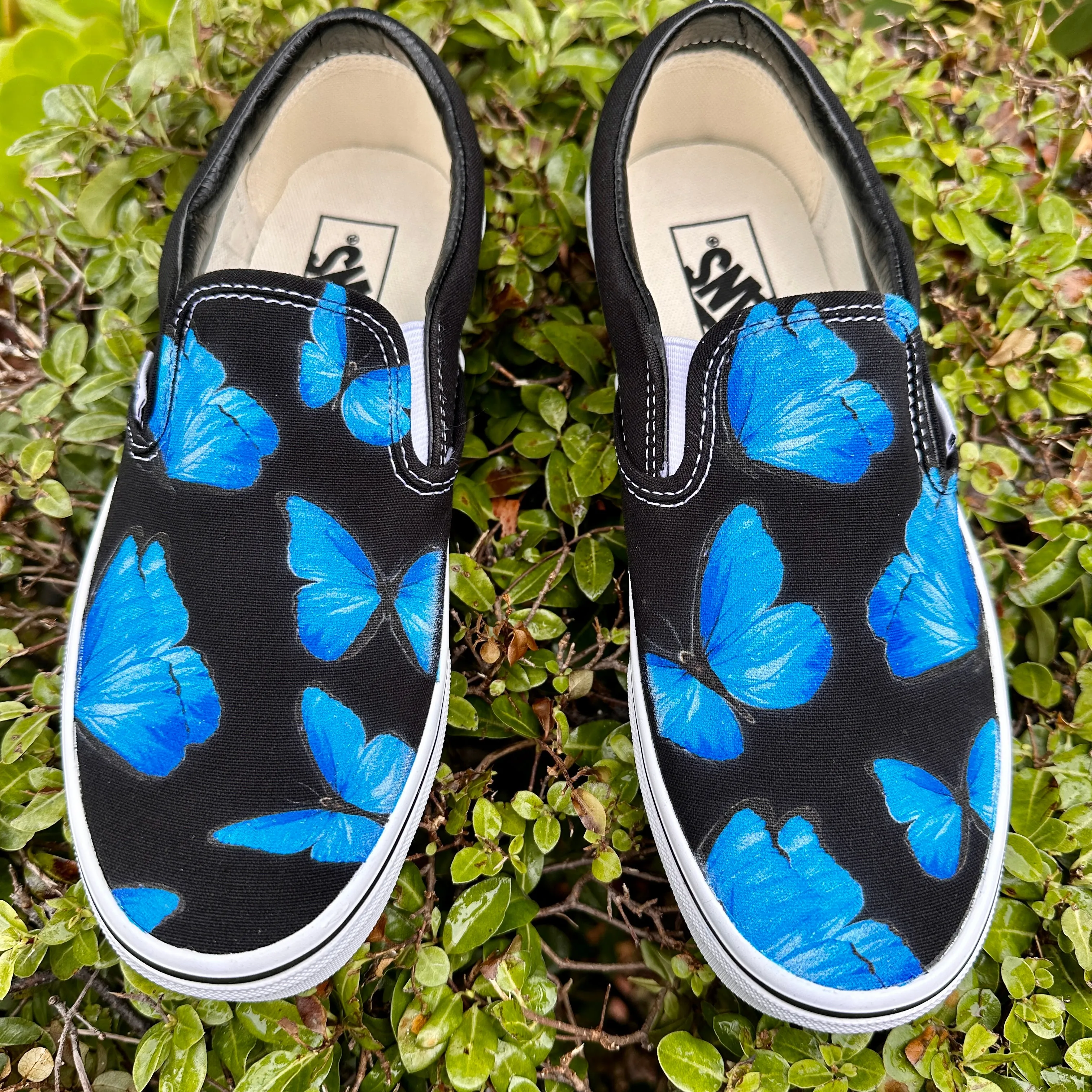 Blue Butterfly - Black Slip Ons - Custom Vans Shoes