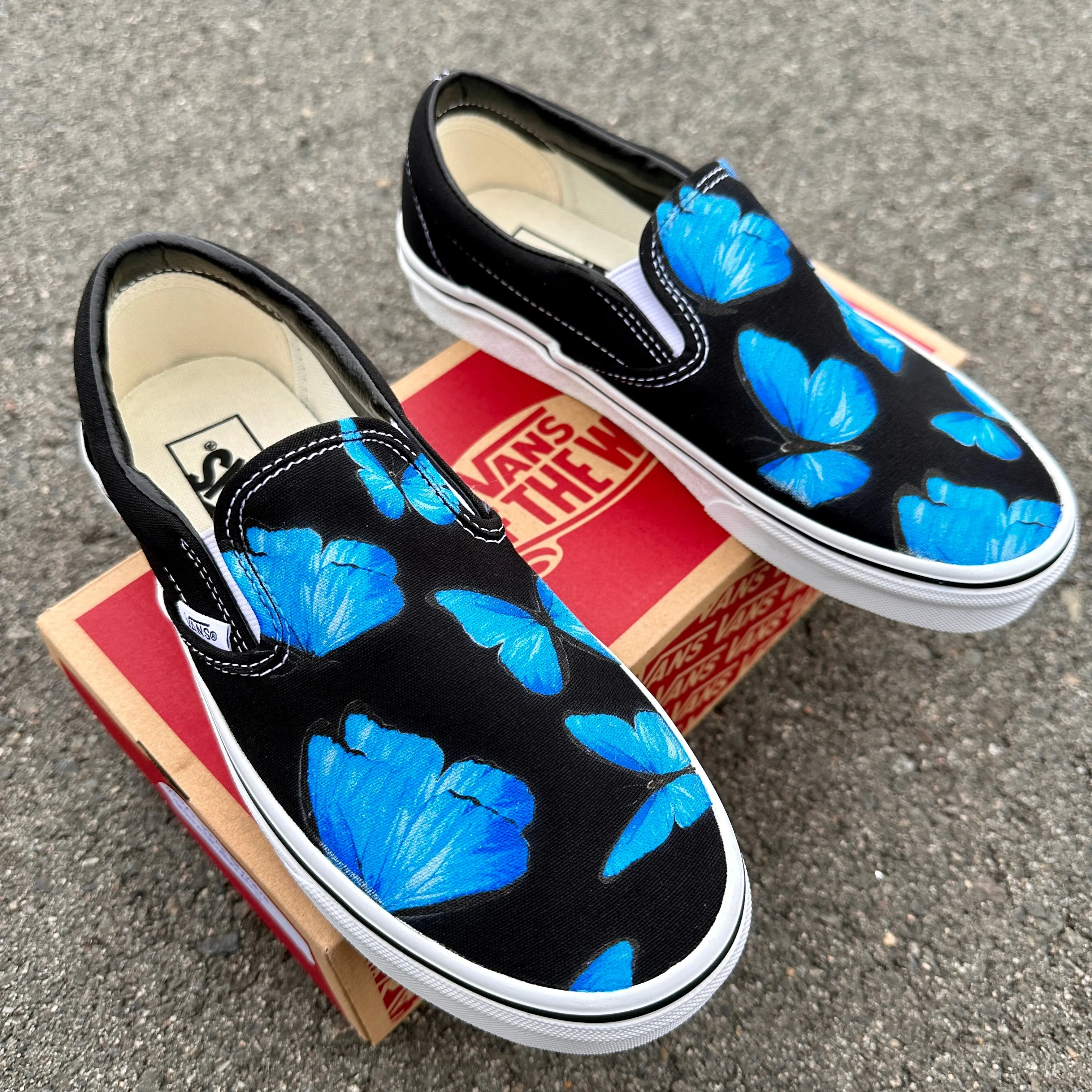 Blue Butterfly - Black Slip Ons - Custom Vans Shoes