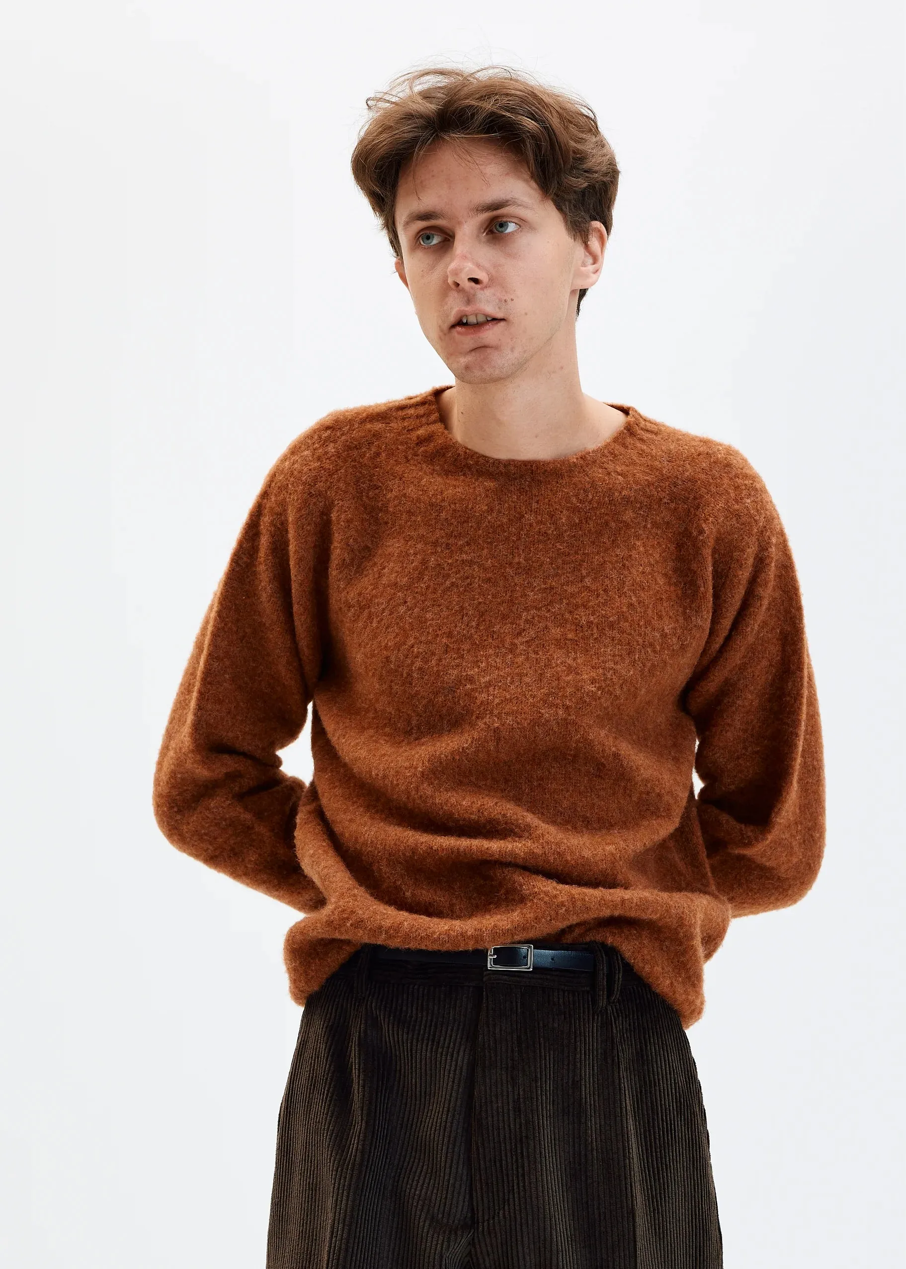 Brushed Shetland Wool Crewneck in Rust