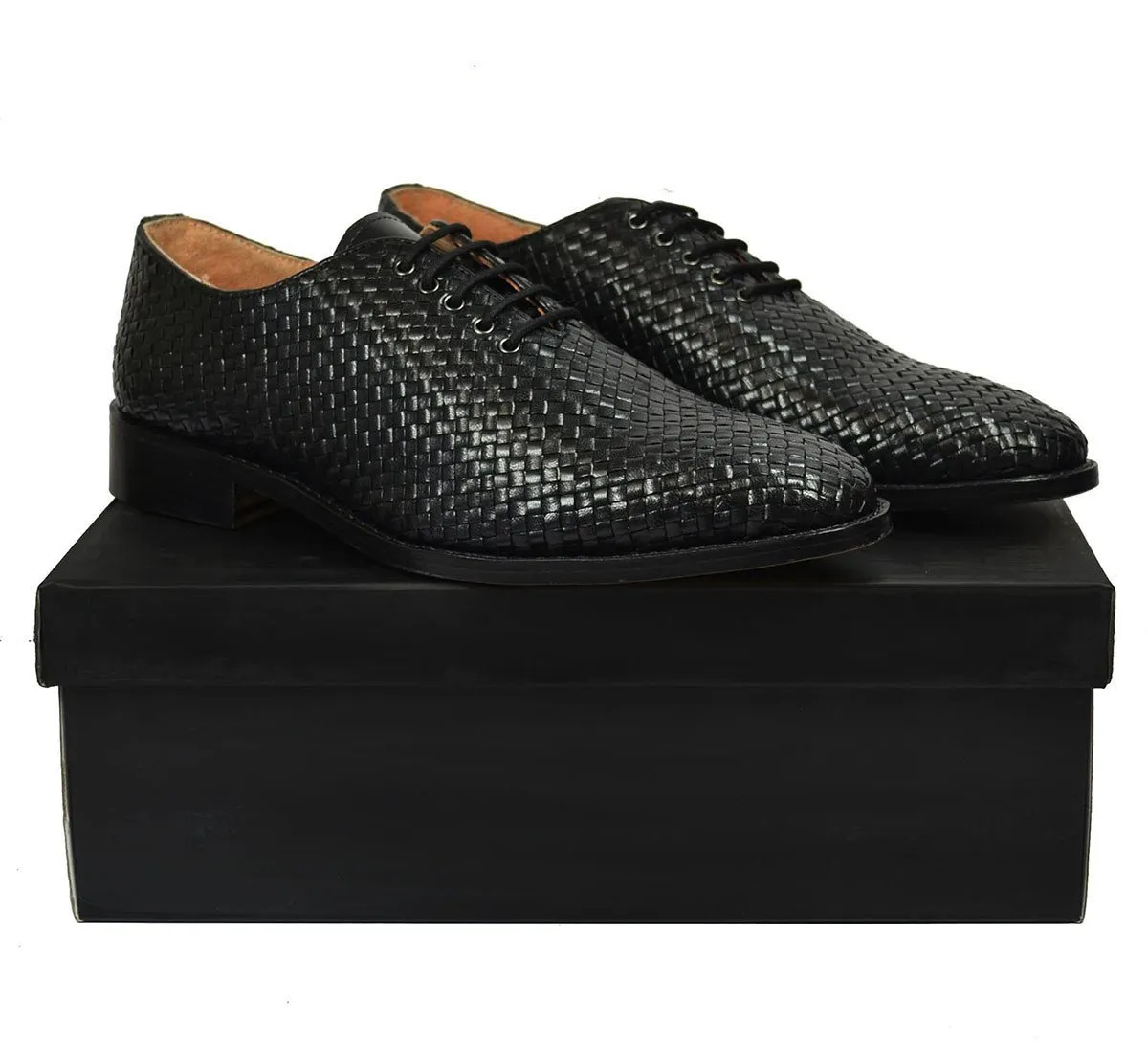 CALEB Full Leather Black Woven Oxfords by Paul Malone