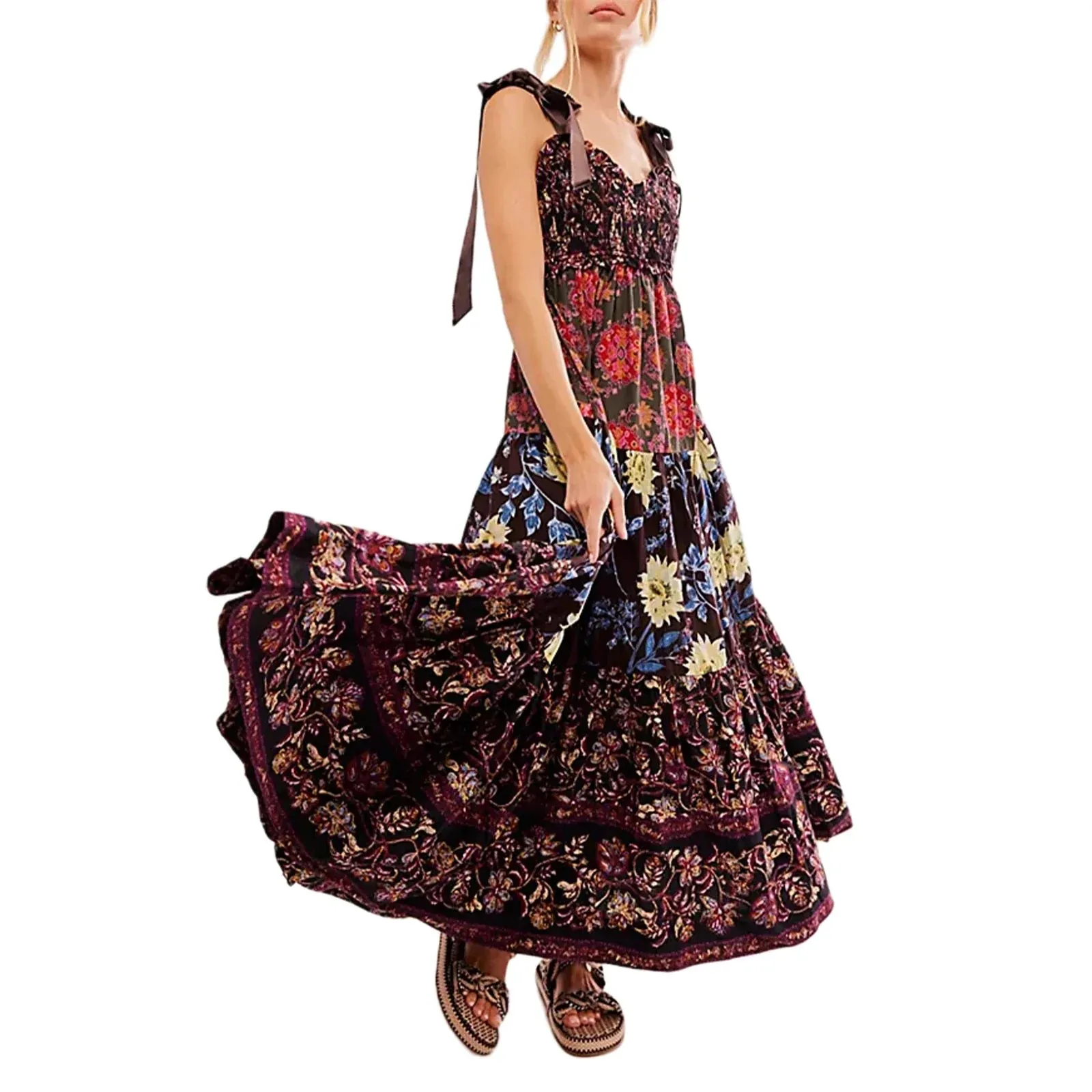 Cami Dress Floral Print Shoulder Straps Sleeveless Big Swing Loose Elegant Casual Women Dress