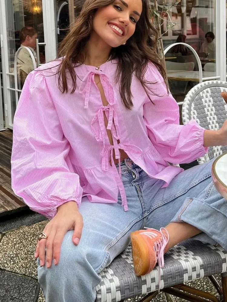 Casual Lace Up O-neck Ruffled Hem Spring Summer Bow Puff Sleeves Female Office Shirt Blouse