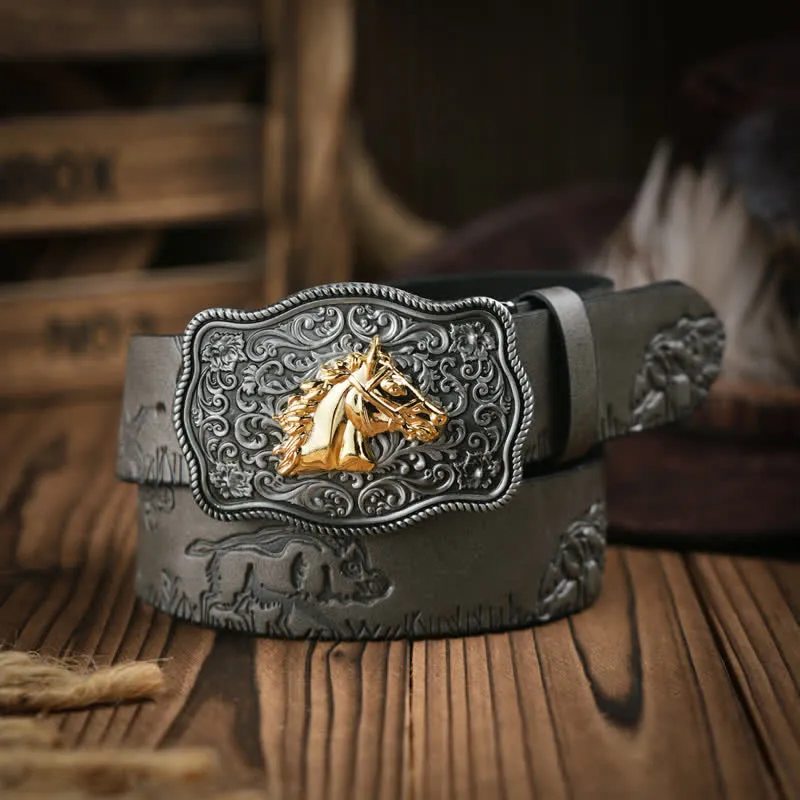 Cowboy Style Golden Horse Head Embossed Pattern Leather Belt