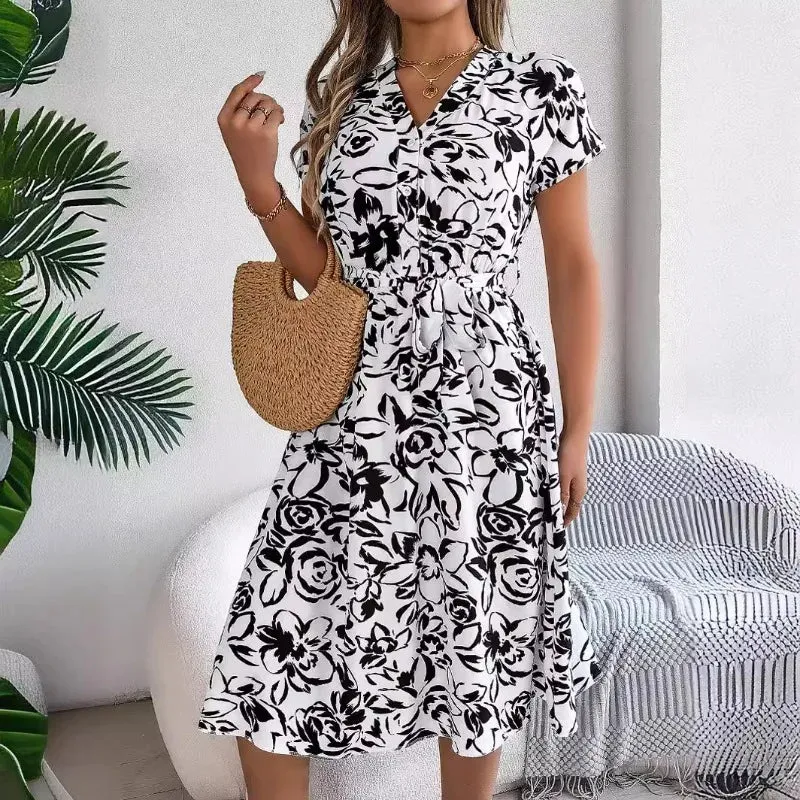 Elegant Floral Print Button Short Bat Sleeve A-line Midi Dress