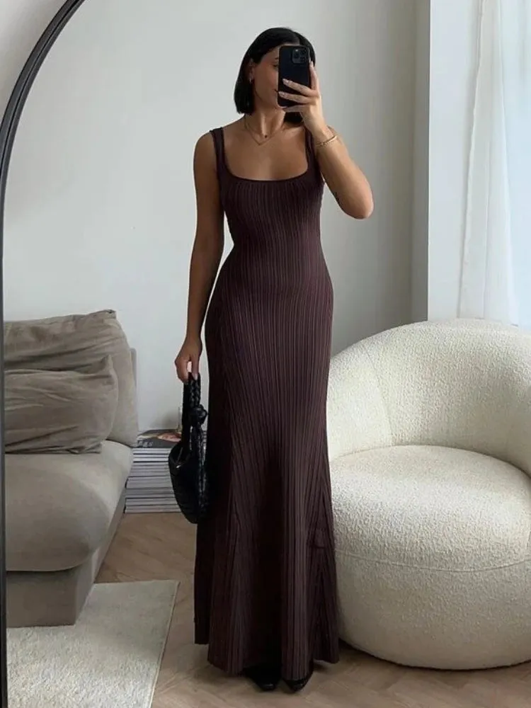 Elegant Summer Knit Bodycon Deep U Neck Sleeveless Maxi Dress