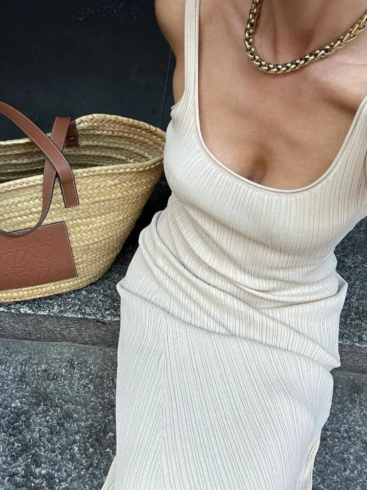 Elegant Summer Knit Bodycon Deep U Neck Sleeveless Maxi Dress