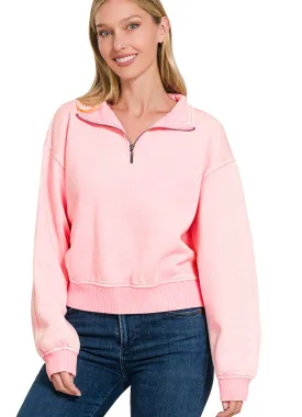 Fleece 1/2 Zip Pullover in Dk. Pink by Zenana