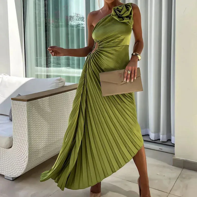 Floral Pleated Slim Asymmetrical Hollow Sleeveless Long Female Casual Off Shoulder Evening Party Fashion Dress