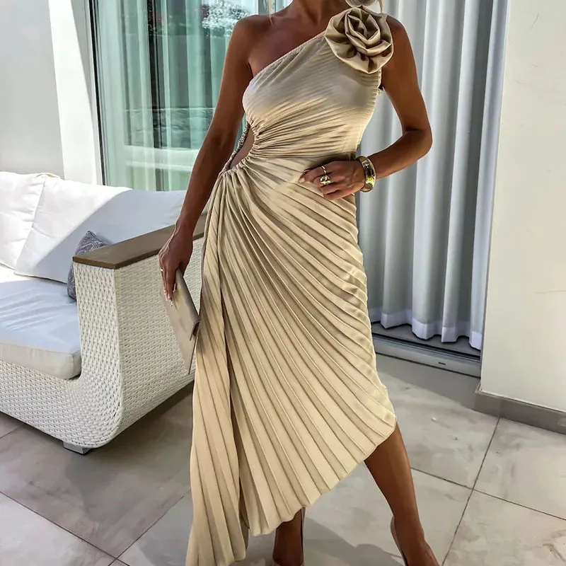 Floral Pleated Slim Asymmetrical Hollow Sleeveless Long Female Casual Off Shoulder Evening Party Fashion Dress