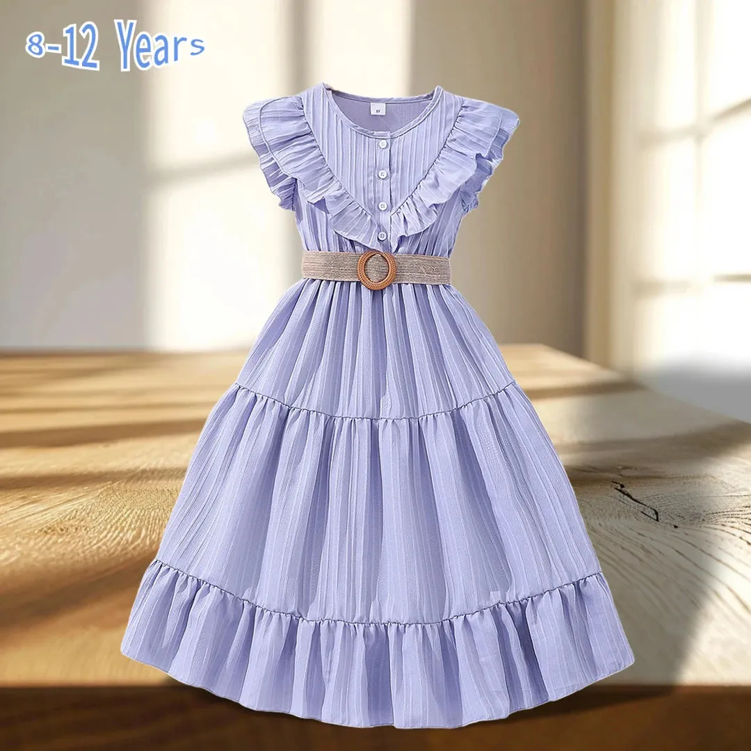 Graceful Princess Teens Girls Dress Clothing Children Dress Short Sleeve Summer Korean Style Ruffled Girls Clothing 8-12Y