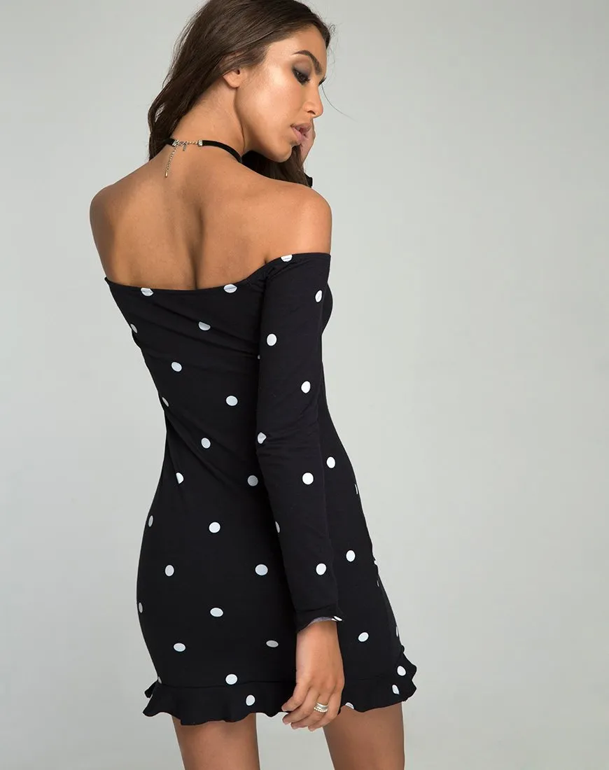 Jazzie Off the Shoulder Dress in Polkadot Black and White