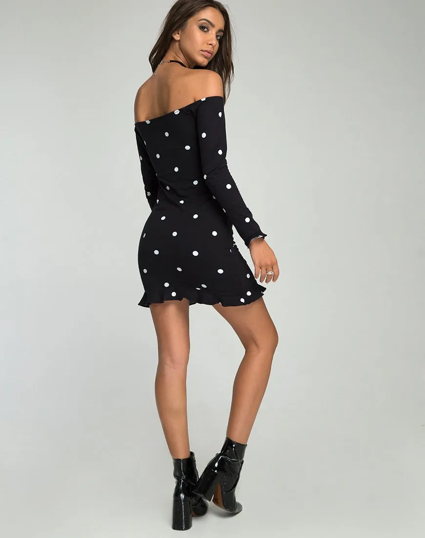 Jazzie Off the Shoulder Dress in Polkadot Black and White