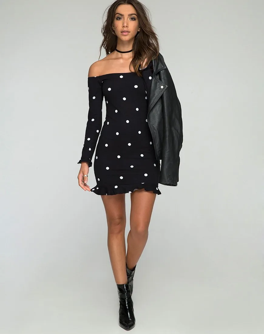 Jazzie Off the Shoulder Dress in Polkadot Black and White