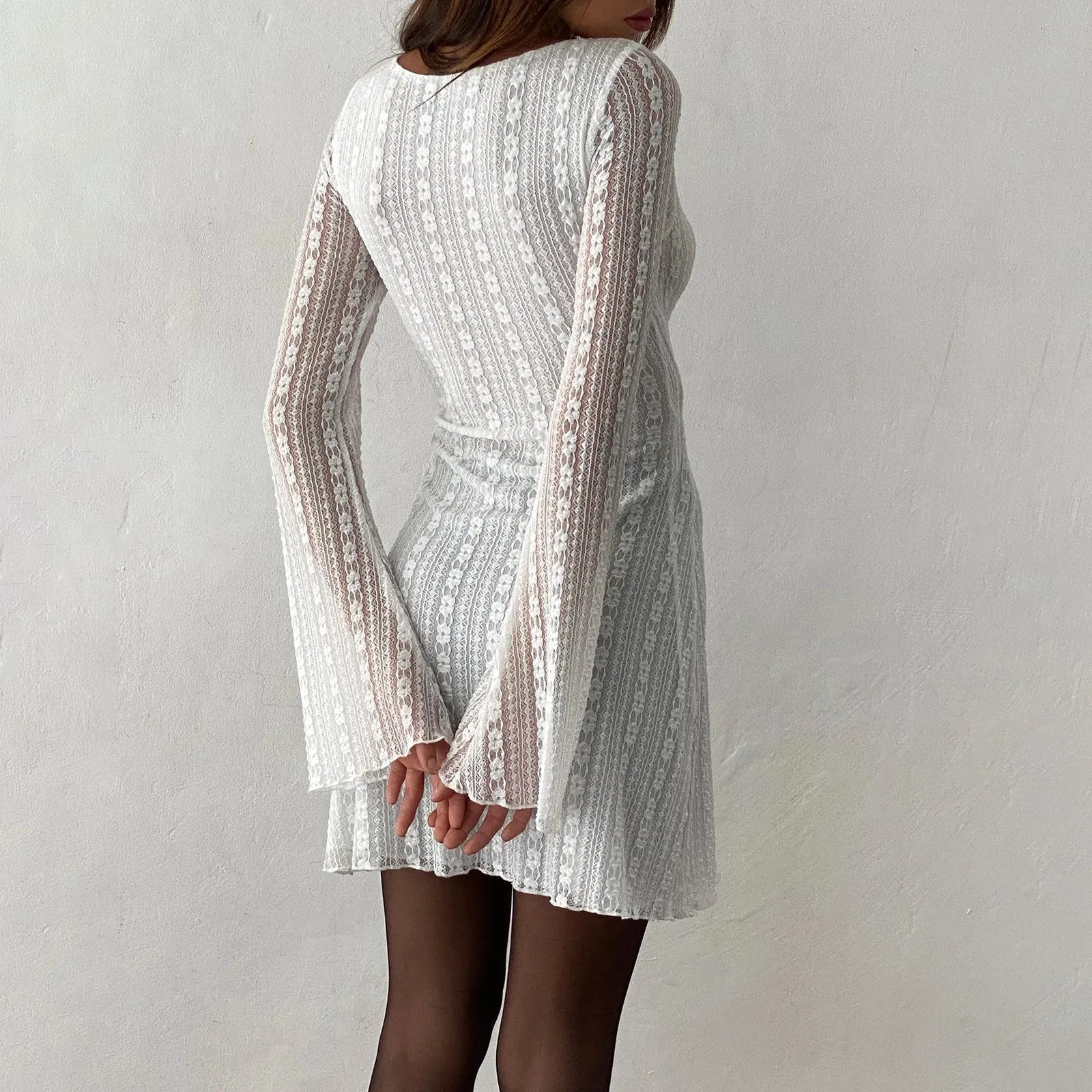 Lace Sheer Round Neck Flare Long Sleeve Mini Spring See-through Slim Fit Summer Sexy Dress