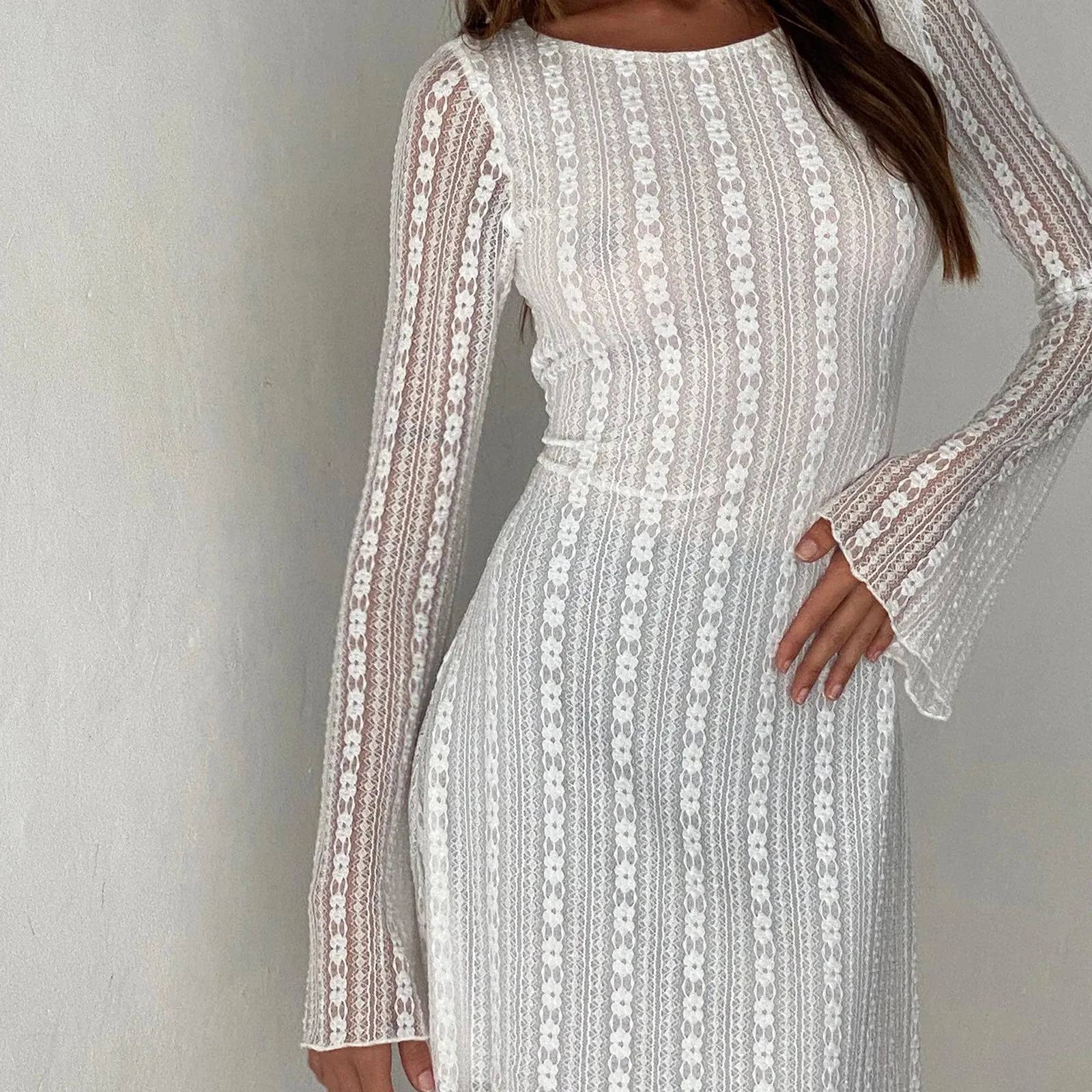 Lace Sheer Round Neck Flare Long Sleeve Mini Spring See-through Slim Fit Summer Sexy Dress