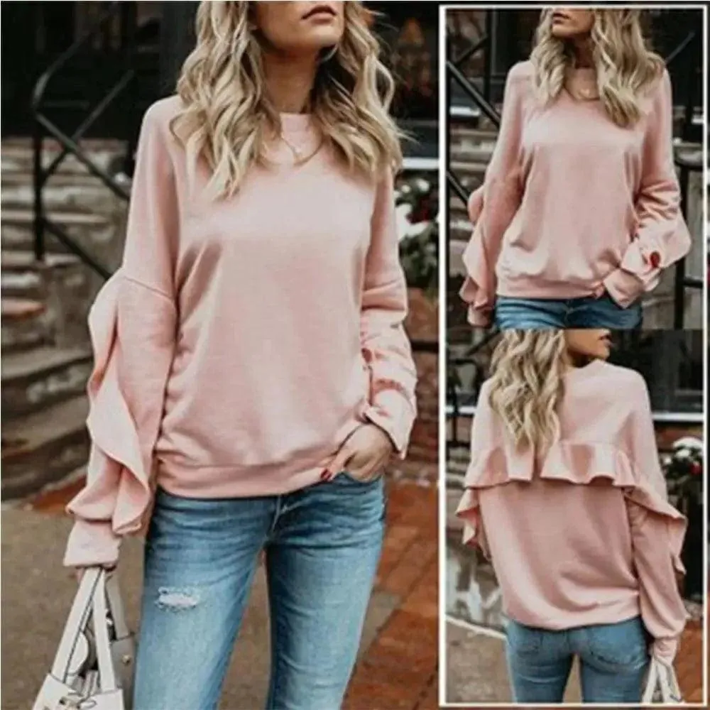 Loose Long-Sleeved T-Shirt Women Round Neck Solid Color