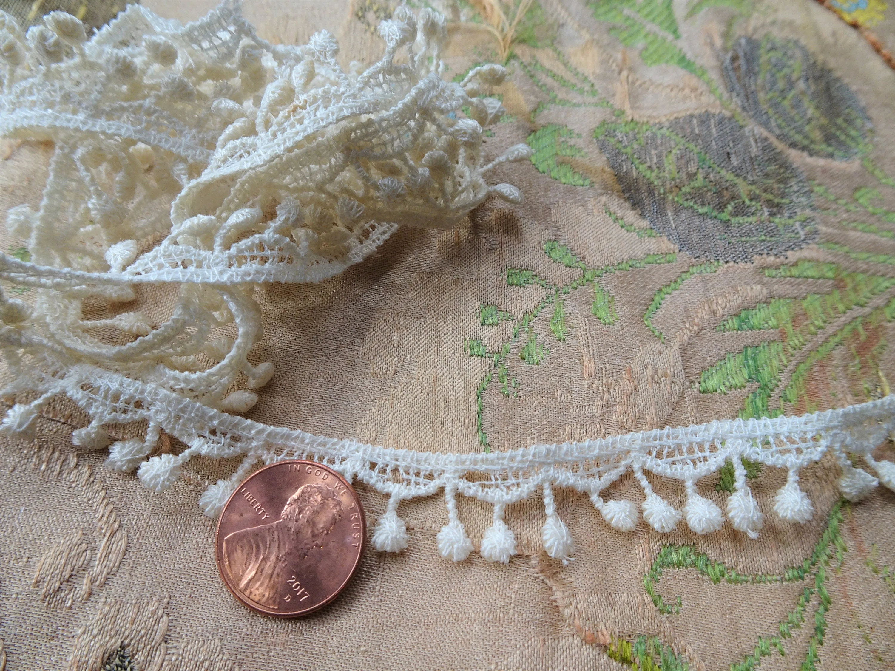 LOVELY Vintage French Lace,TINY Cotton Trim,Dainty Lace, Bobble Drops Lace, Doll Size, Baby Bonnets,Bridal, Heirloom Sewing,Collectible Lace