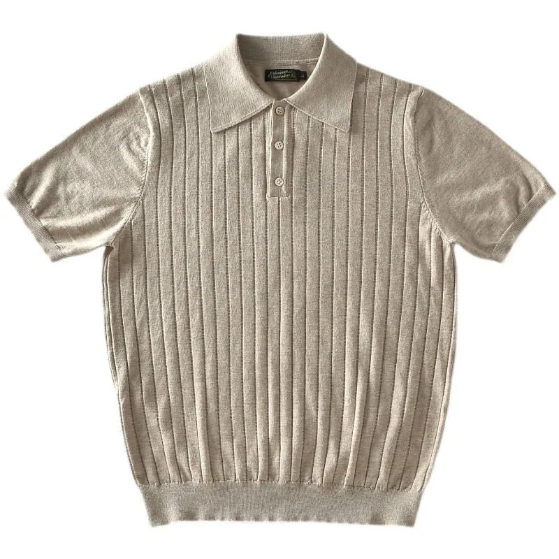 Mens Retro Stripped Knitted Polo Shirt