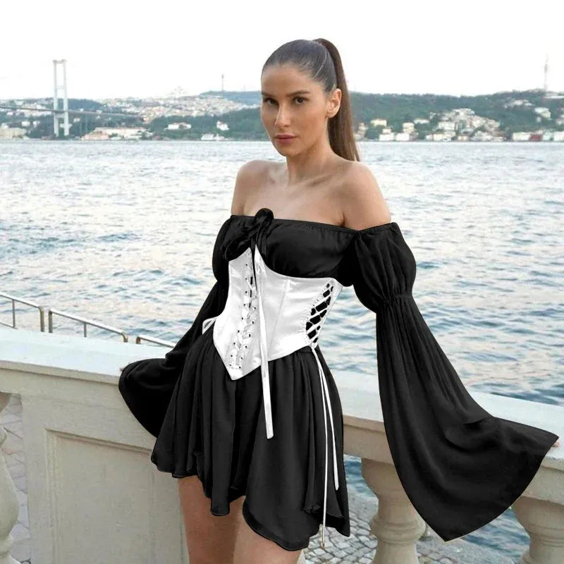 Off Shoulder Lace Up Swing Ruffle Mesh Party Body Shaper Bustier Corset Mini Dress with Puff Sleeves