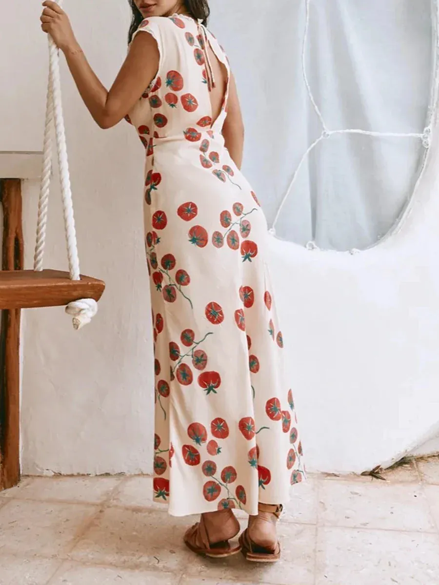 Open Back Deep V Neck Floral Print Dresses Elegant Casual Sleeveless Dress