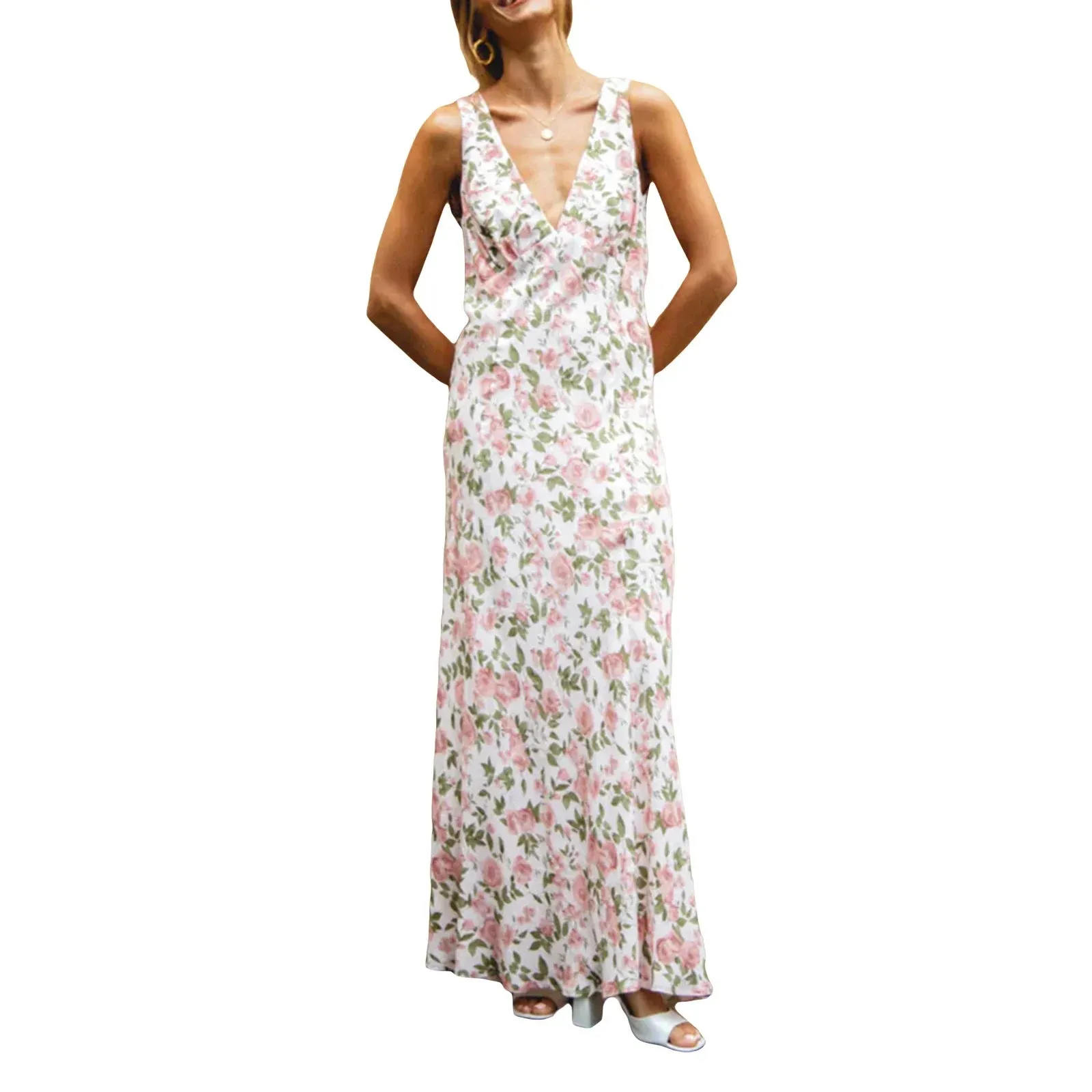 Open Back Deep V Neck Floral Print Dresses Elegant Casual Sleeveless Dress