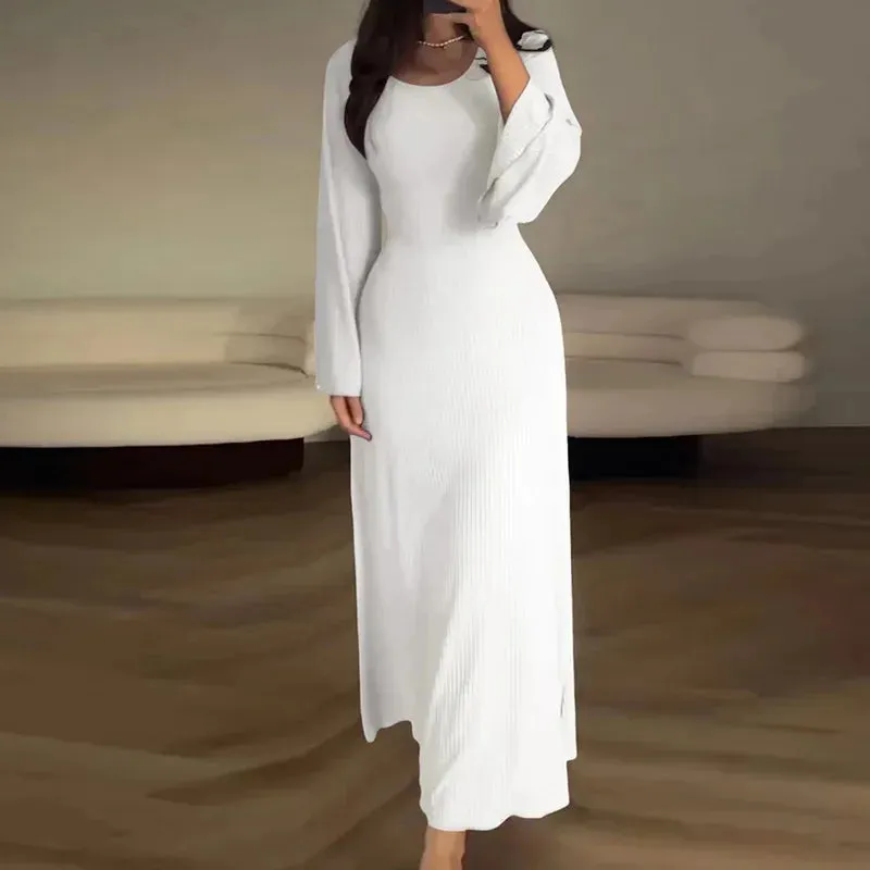 Patchwork Bandaged Round-necked Slim-fitted Long-sleeved Maxi Dress for Autumn Street Style