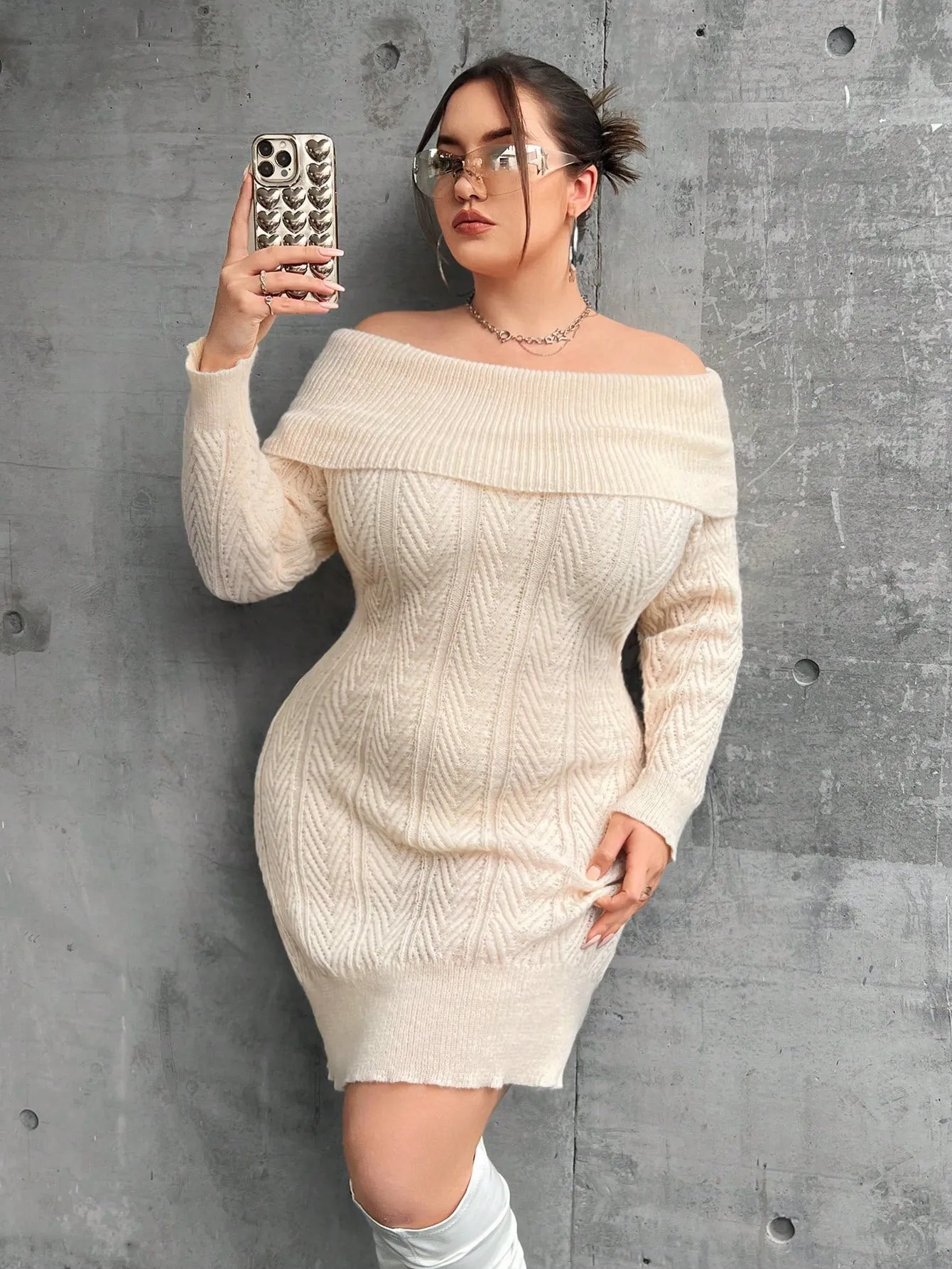 Plus Off Shoulder Solid Sweater Dress Without Belt Mini Dress