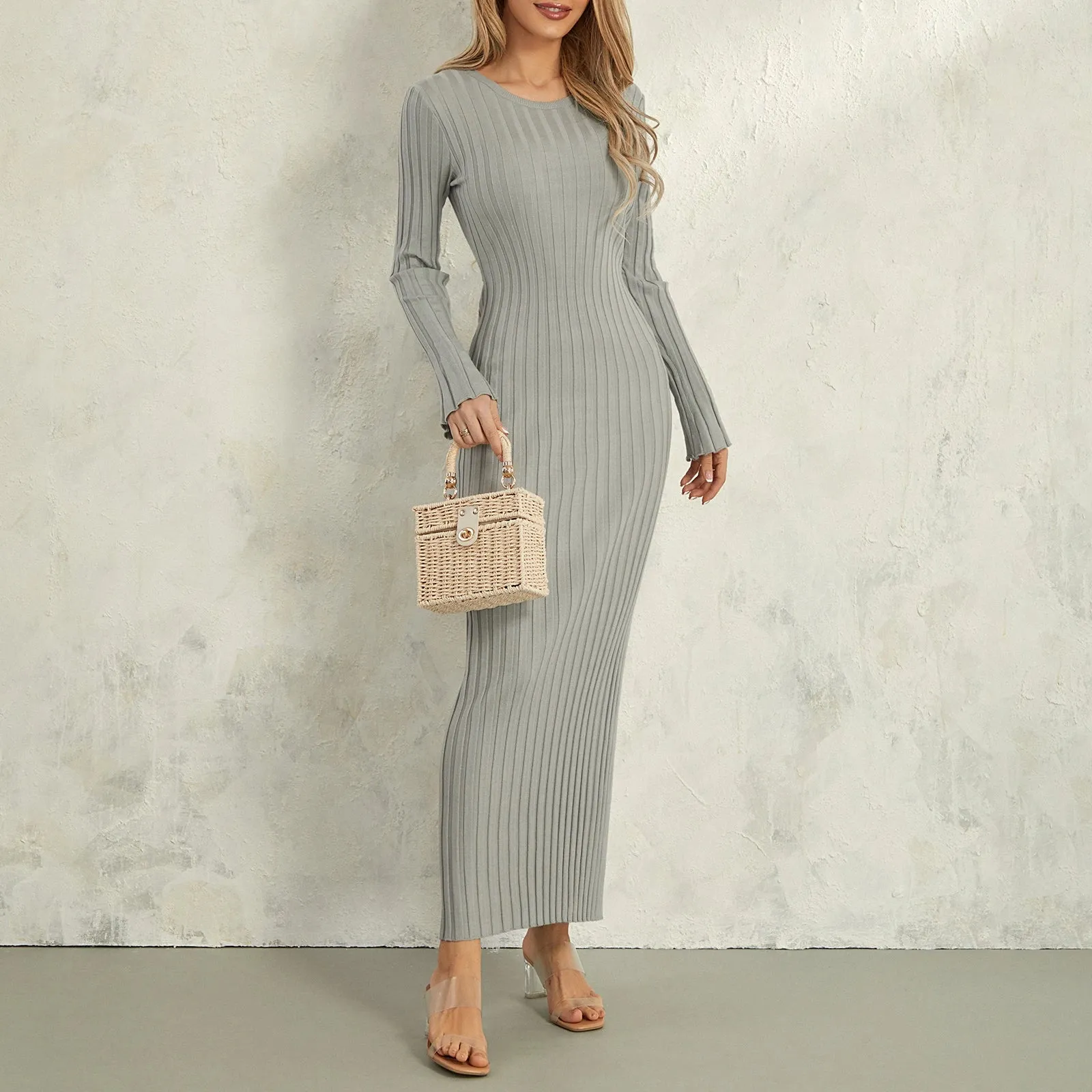 Ribbed Knitted Solid Color Crew Neck Long Sleeve Lace-up Bodycon Spring Fall Maxi Elegant Dress