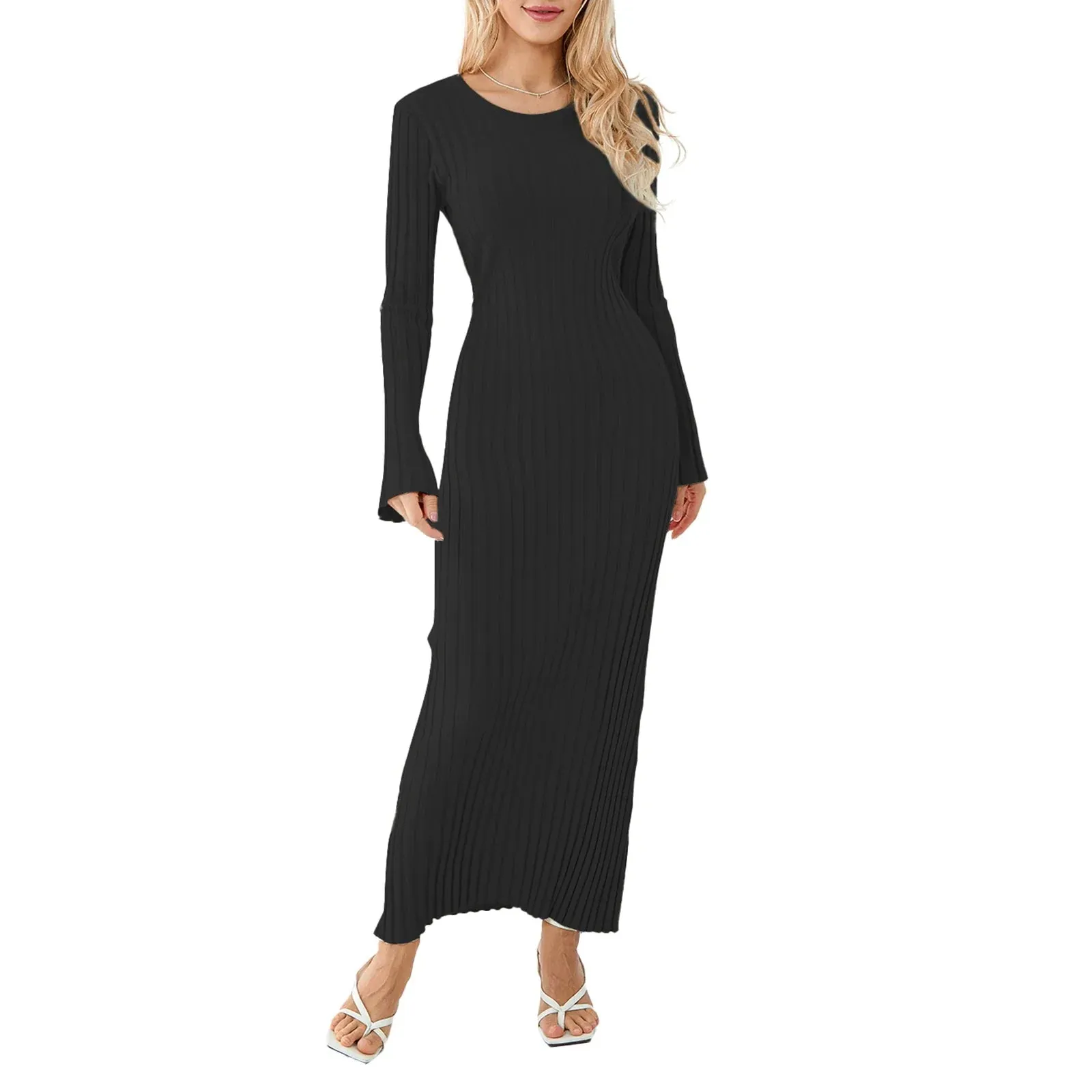 Ribbed Knitted Solid Color Crew Neck Long Sleeve Lace-up Bodycon Spring Fall Maxi Elegant Dress