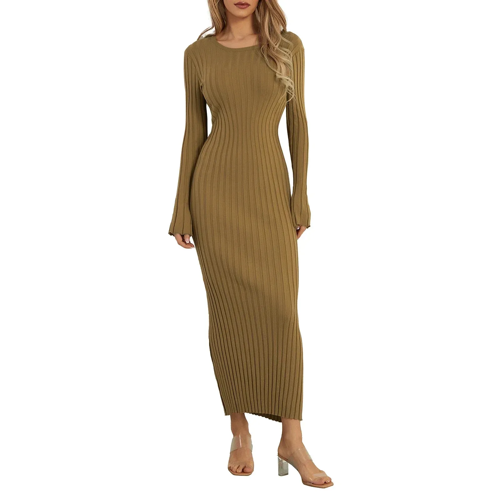 Ribbed Knitted Solid Color Crew Neck Long Sleeve Lace-up Bodycon Spring Fall Maxi Elegant Dress