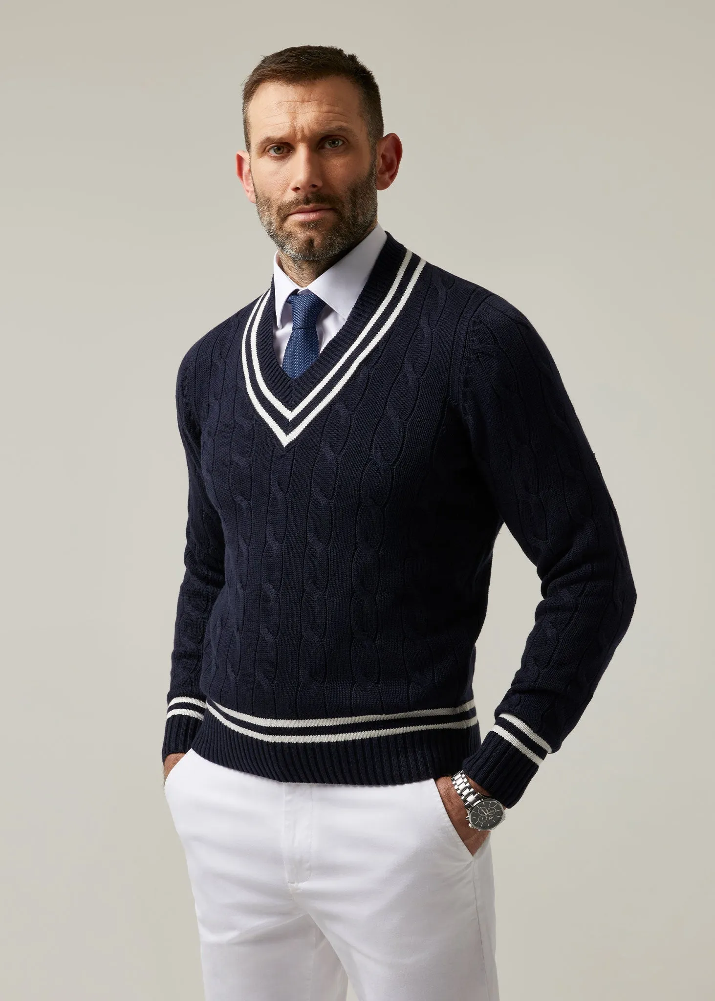 Sandridge Cable Knit Cricket Jumper In Dark Navy