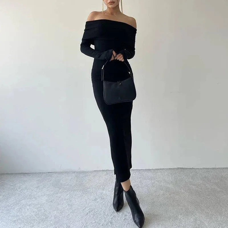 Slash Neck High Waist Slim Spring Sexy Off Shoulder Long Sleeve Fashion Temperament Party Elegant Dress