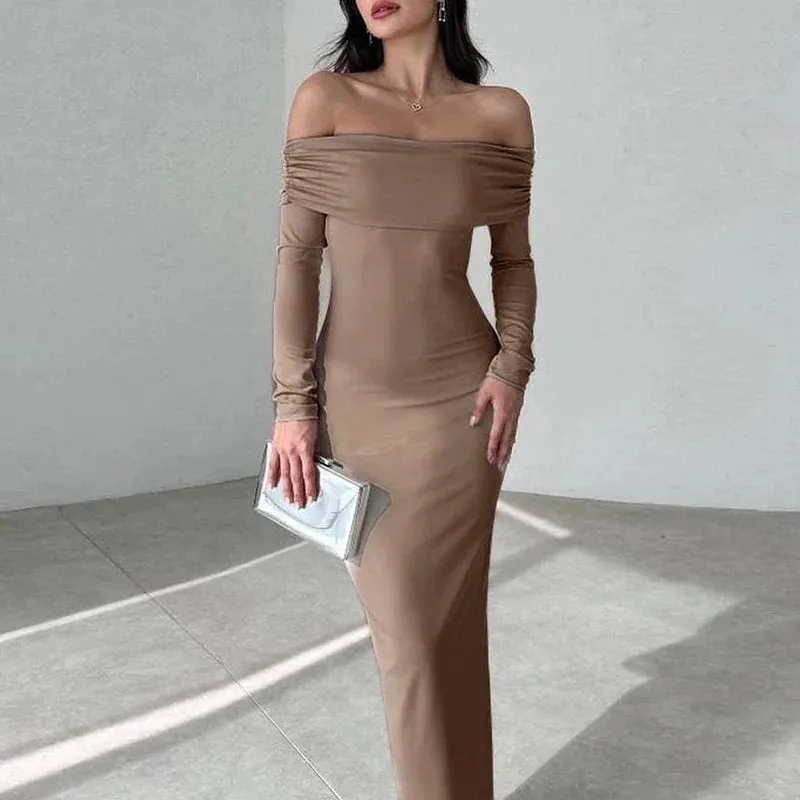 Slash Neck High Waist Slim Spring Sexy Off Shoulder Long Sleeve Fashion Temperament Party Elegant Dress