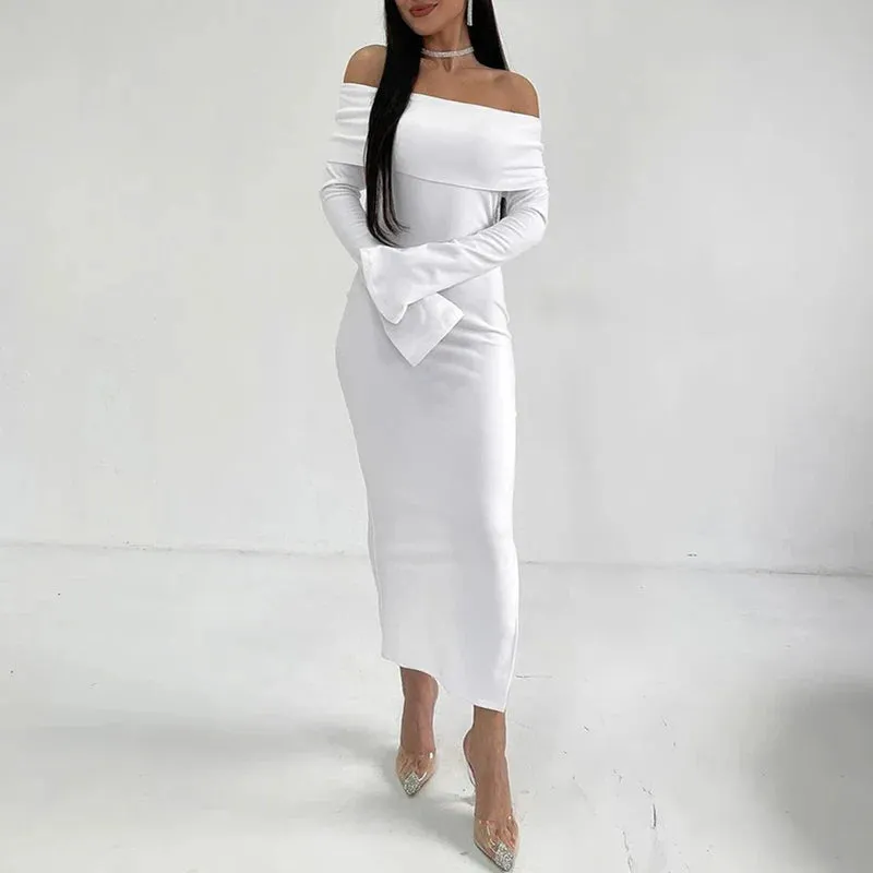 Slash Neck High Waist Slim Spring Sexy Off Shoulder Long Sleeve Fashion Temperament Party Elegant Dress