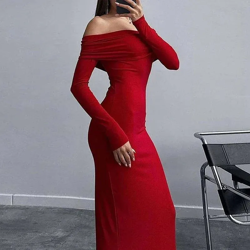 Slash Neck High Waist Slim Spring Sexy Off Shoulder Long Sleeve Fashion Temperament Party Elegant Dress