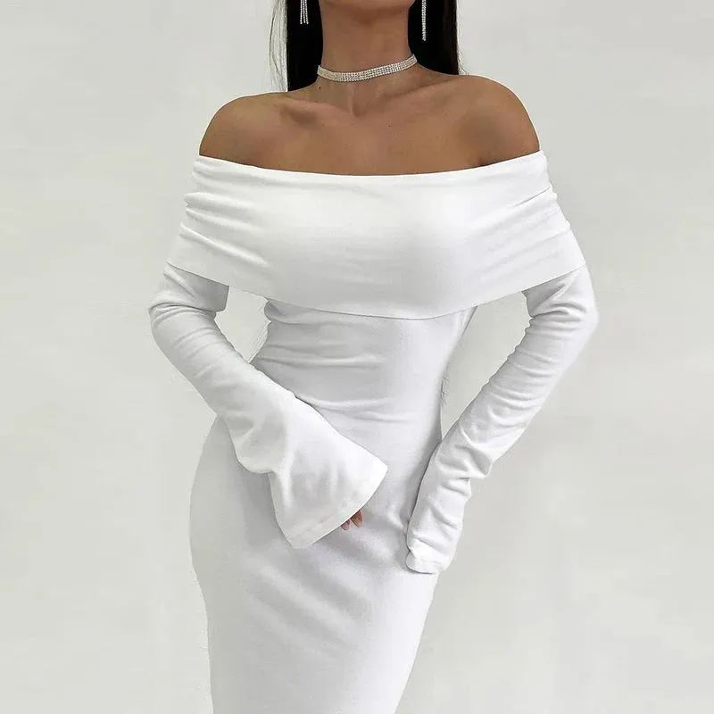 Slash Neck High Waist Slim Spring Sexy Off Shoulder Long Sleeve Fashion Temperament Party Elegant Dress