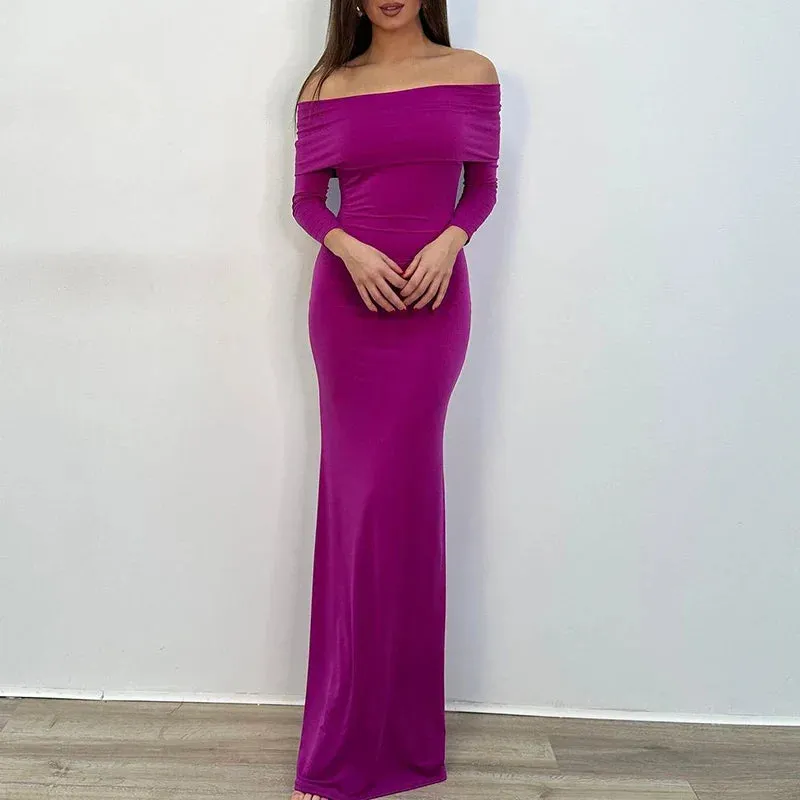 Slash Neck High Waist Slim Spring Sexy Off Shoulder Long Sleeve Fashion Temperament Party Elegant Dress