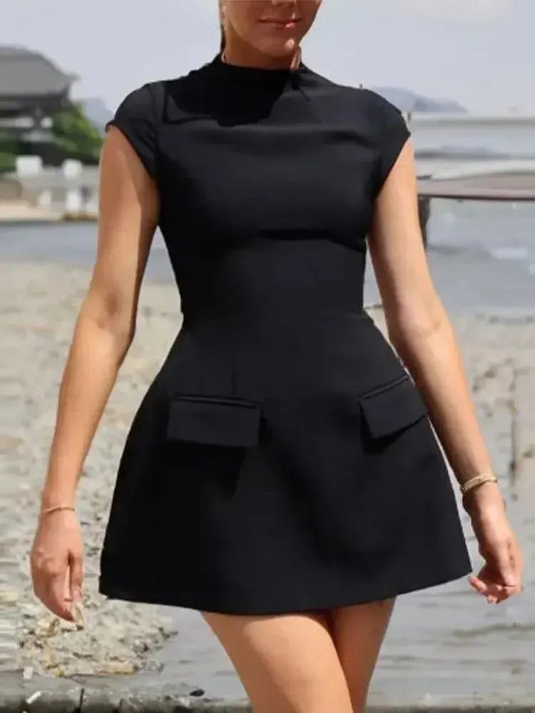 Slim 2024 Short New Fashion A-Line Pockets Elegant Solid O-neck Sleeve Dress