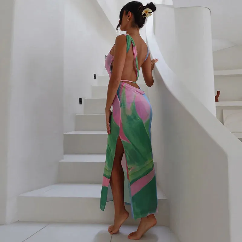 Summer Body Printedcon Sexy Backless Sleeveless Maxi Dress for Evening