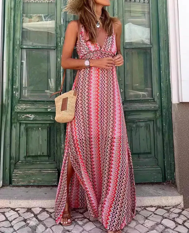 Summer Bohemian Printed V-Neck Sling Split Vintage Maxi Dress for Women