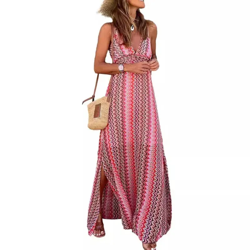 Summer Bohemian Printed V-Neck Sling Split Vintage Maxi Dress for Women