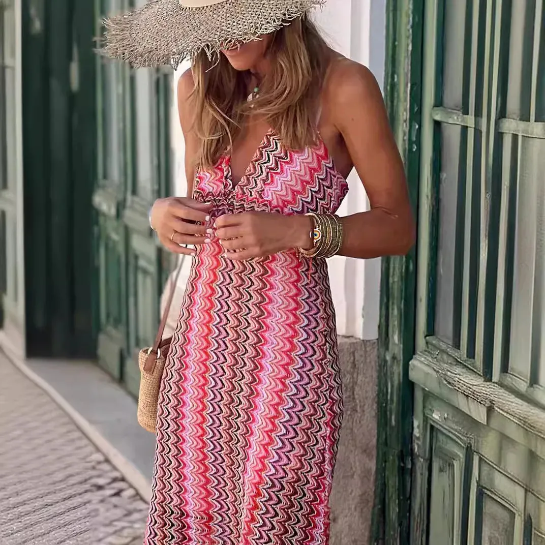 Summer Bohemian Printed V-Neck Sling Split Vintage Maxi Dress for Women