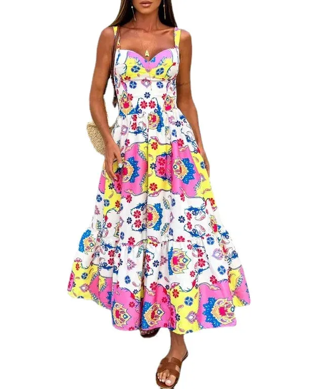 Summer Maxi Dress with Graffiti Print and Suspender Straps