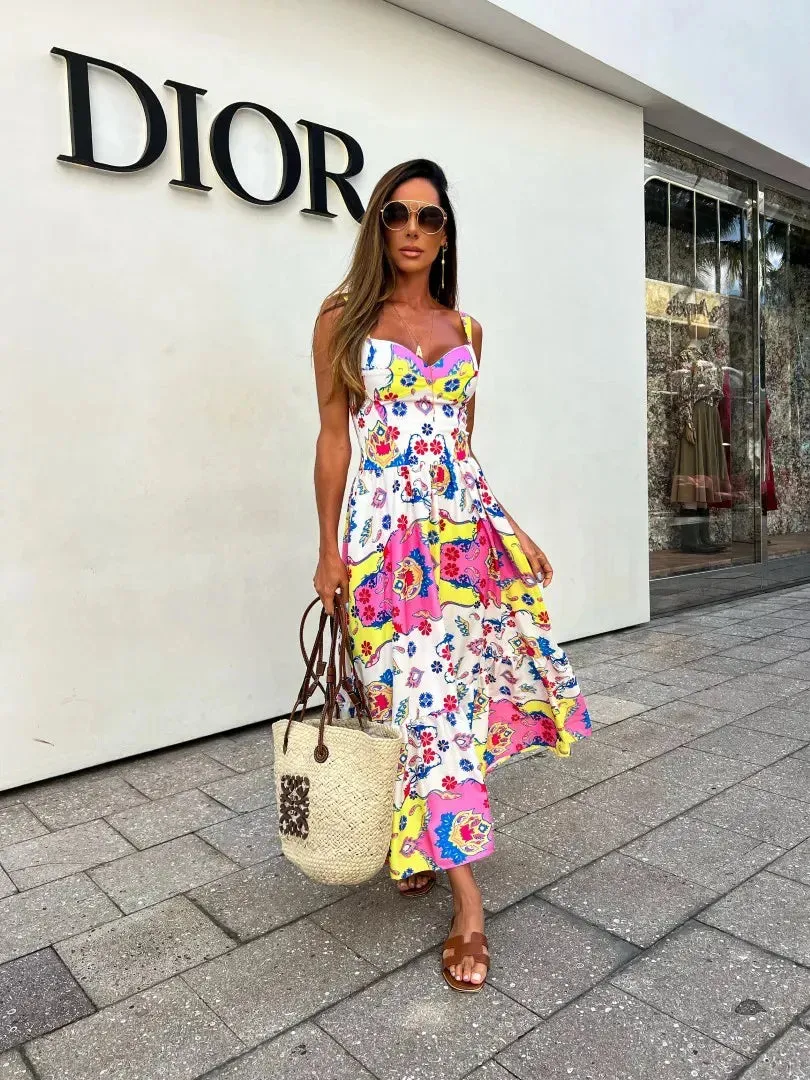 Summer Maxi Dress with Graffiti Print and Suspender Straps