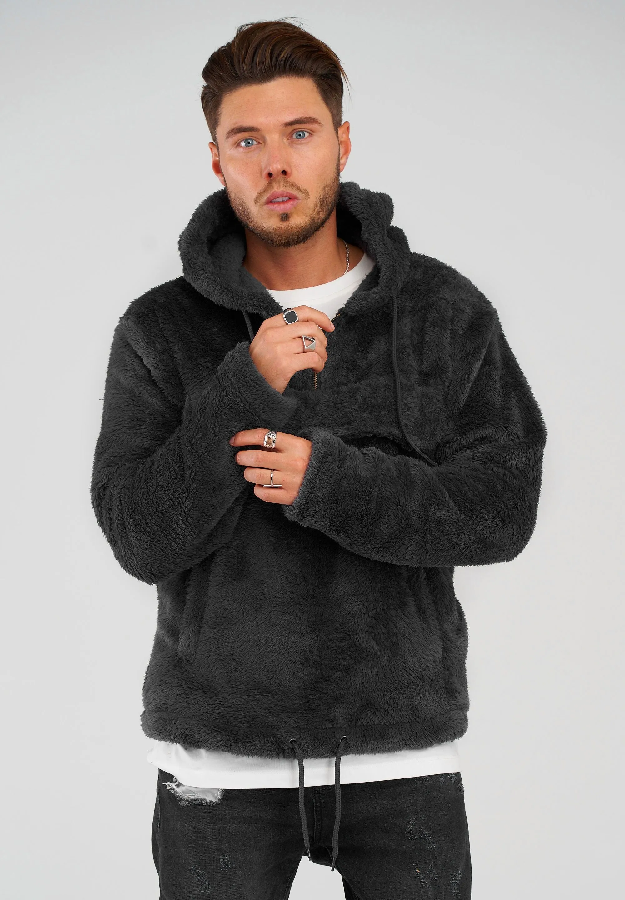 Teddy Fleece 1/4 Zip-Hoodie MT-7453 Schwarz